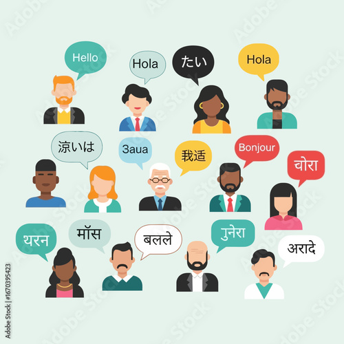 Diverse people communicating with speech bubbles in different languages.