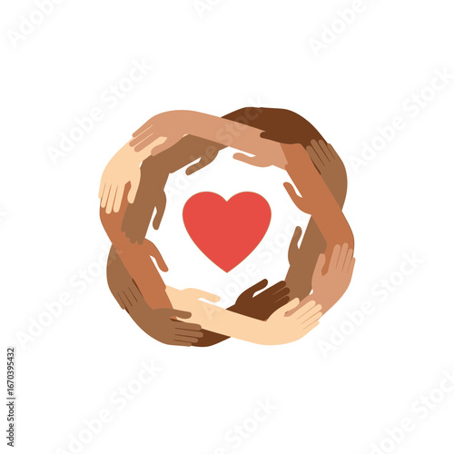 Diverse hands form a circle around a red heart.