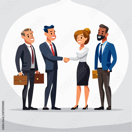 握手と会議で進むビジネスチーム — 企業向けコーポレートイラスト（Web・LinkedIn・プレゼン・ブローシャー用）