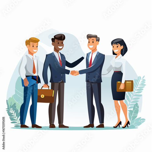握手と会議で進むビジネスチーム — 企業向けコーポレートイラスト（Web・LinkedIn・プレゼン・ブローシャー用）