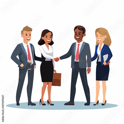 握手と会議で進むビジネスチーム — 企業向けコーポレートイラスト（Web・LinkedIn・プレゼン・ブローシャー用）