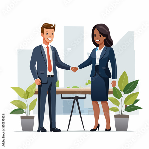握手と会議で進むビジネスチーム — 企業向けコーポレートイラスト（Web・LinkedIn・プレゼン・ブローシャー用）