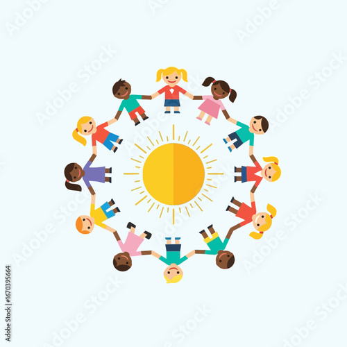 Diverse children hold hands in a circle around a sun.