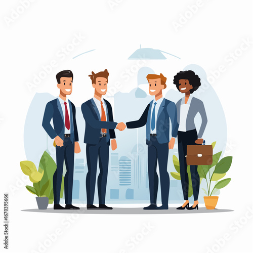 握手と会議で進むビジネスチーム — 企業向けコーポレートイラスト（Web・LinkedIn・プレゼン・ブローシャー用）