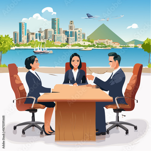 握手と会議で進むビジネスチーム — 企業向けコーポレートイラスト（Web・LinkedIn・プレゼン・ブローシャー用）