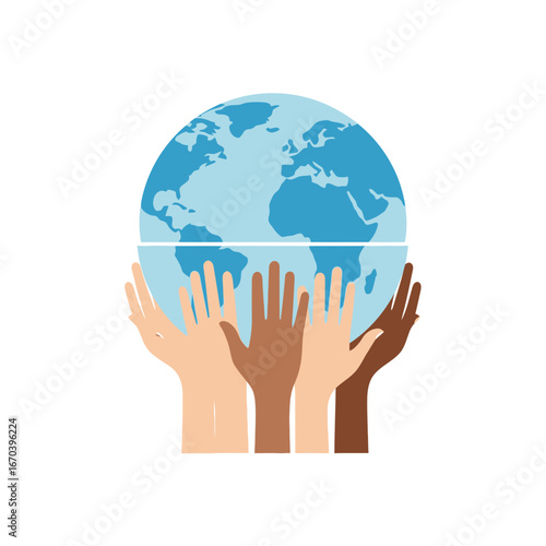 Many hands hold a globe representing unity and global connection.