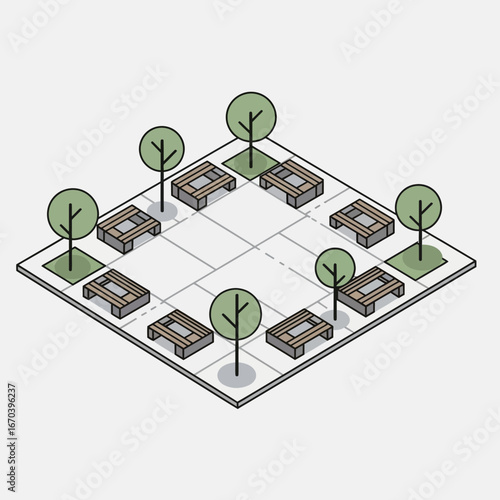 Isometric view of a small urban block with houses and trees.
