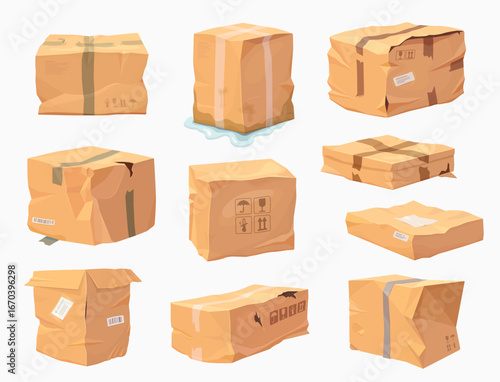 Damaged crumpled cardboard delivery boxes or broken and ripped cargo parcel packages, vector icons. Parcel package boxes damage with torn or bent and crumpled or soaked cardboard and crushed carton
