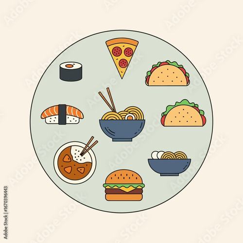 Circle of diverse food items including pizza sushi tacos and burgers.
