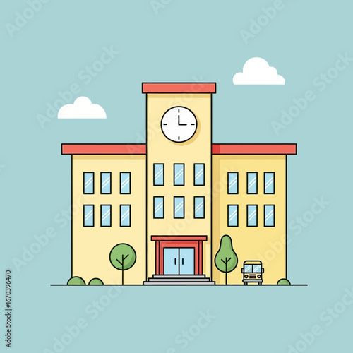 School building with clock tower and trees against blue sky.