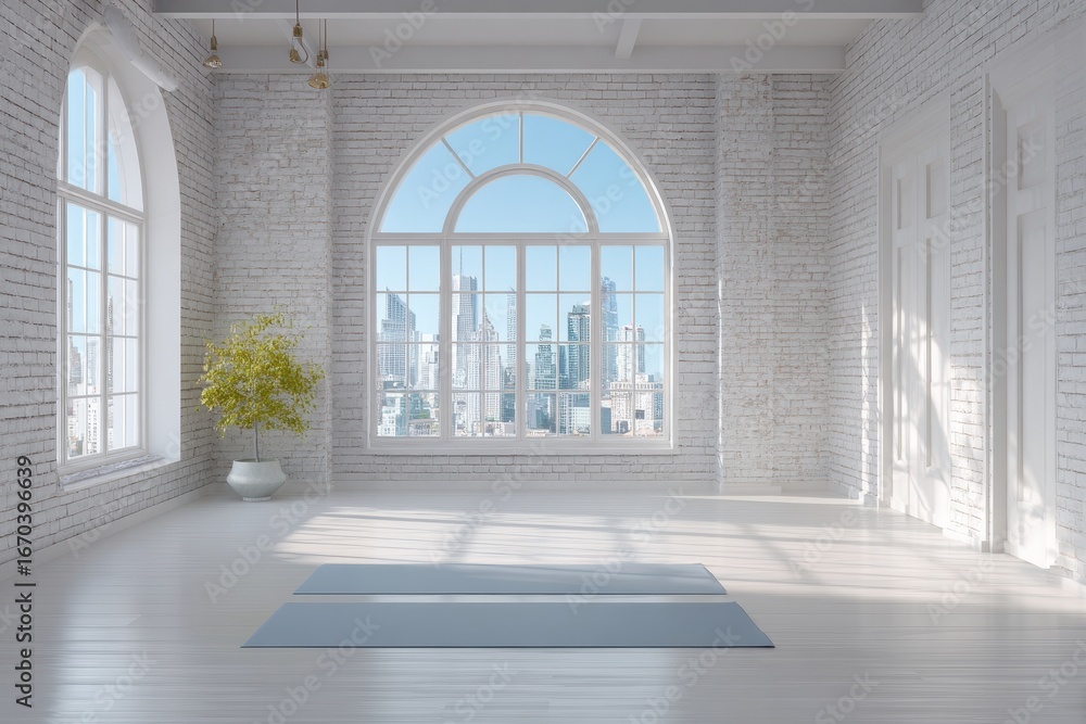 Fototapeta premium Clean Yoga Studio. Modern Interior Design of a Stylish Bright White Yoga Gym with City View