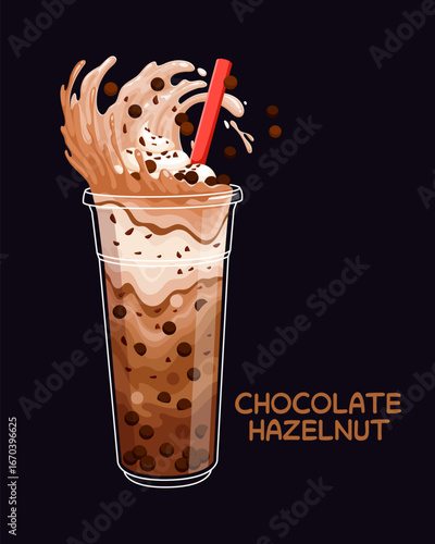 Milk bubble tea cartoon drink glass cup with bright splash, vector boba pearls tapioca beverage. Chocolate and hazelnut flavor milk bubble tea cup with drinking straw for smoothie juice bar menu