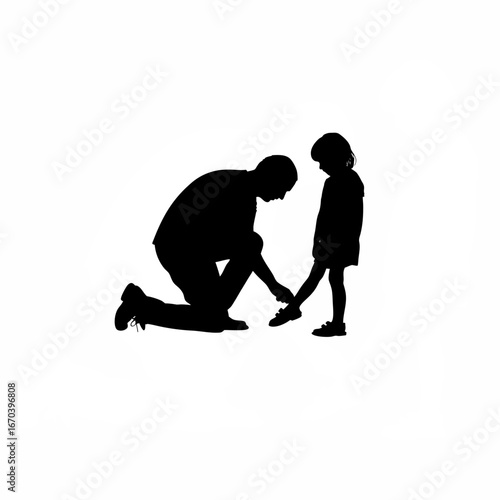 Father kneeling to tie child s shoelaces silhouette isolated on white background