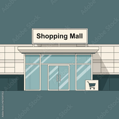 Modern shopping mall entrance with glass doors and signage.