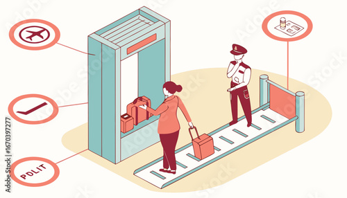Female passenger going through metal detector scanner. Security agents checking passenger and luggage at airport. Vector illustration. Restrictions on fluid, cigarettes and sharp objects 