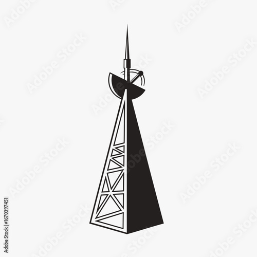 Tall metal tower with antenna against a white background.