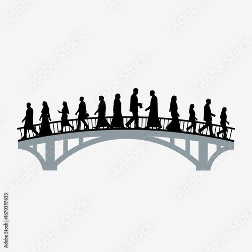 Silhouettes of people walking across a bridge.