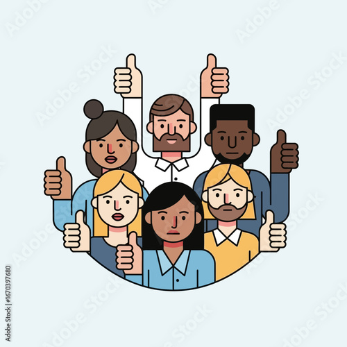 Diverse group of people giving thumbs up in agreement.
