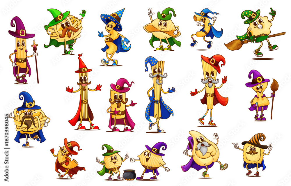 Obraz premium Groovy Halloween pasta characters in wizard costumes for holiday, cartoon vector. Funny groovy pasta characters, spaghetti in witch hat or penne magician with farfalle warlock with broom for Halloween