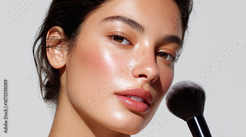 Close up of woman with glowing skin, natural makeup, and bronzer brush sweeping forehead, highlighting healthy complexion and radiant beauty in studio setting