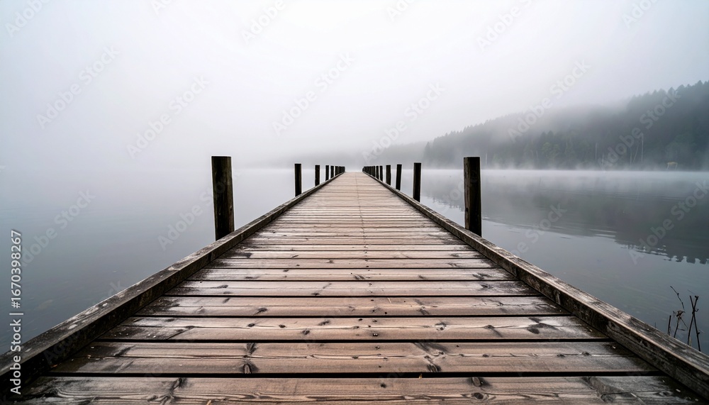 Obraz premium A long wooden pier extending into the lake shrouded in fog.