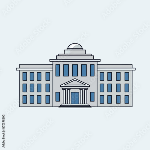 A stylized illustration of a large classical building with a dome.