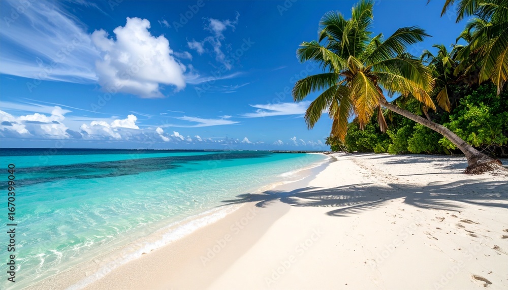 Naklejka premium Bright Blue Ocean and Sky Summer Seascape with White Sand Beach and Palm Trees 