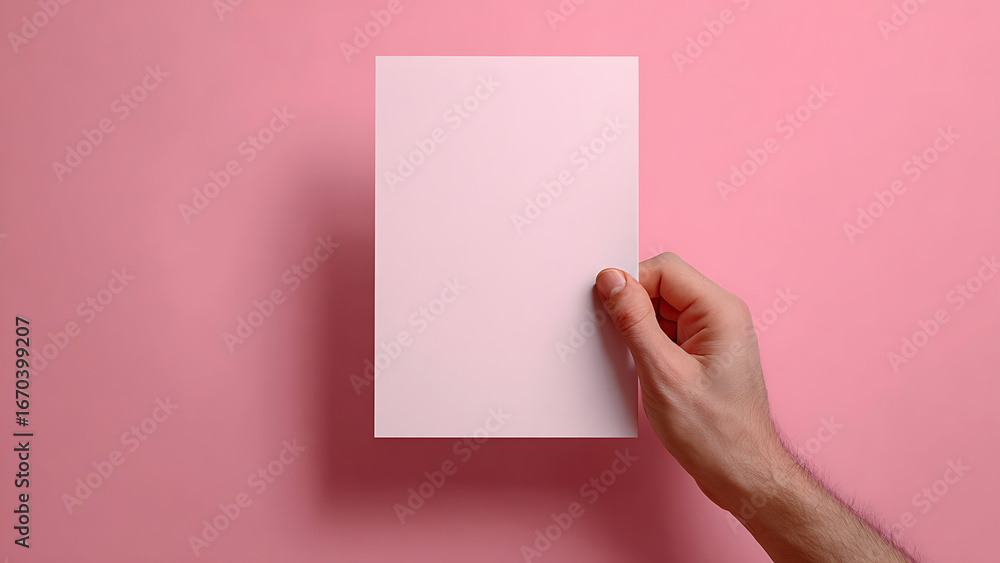 Obraz premium Male hand holding blank light pink paper against a solid pink background