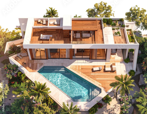 Luxury Modern Villa with Pool Deck, Bird’s-Eye View, 3D Render, Isolated