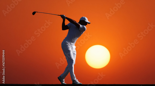 Silhouette golfer mid swing at sunset glowing orange sky dramatic sun peaceful mood outdoor sport athletic male summer evening scenic landscape