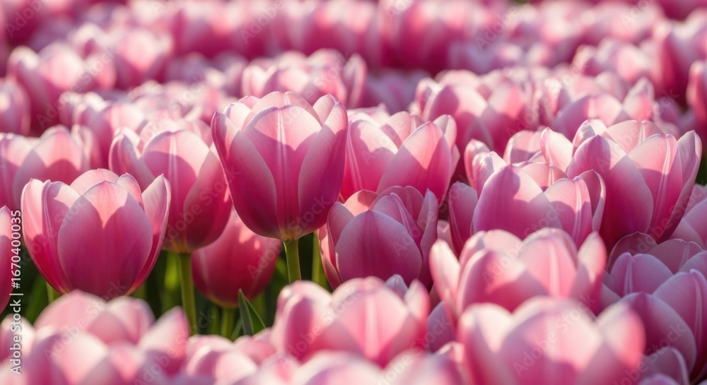 Obraz premium Pink Tulips Blooming in Bright Sunlight in a Large Flower Field