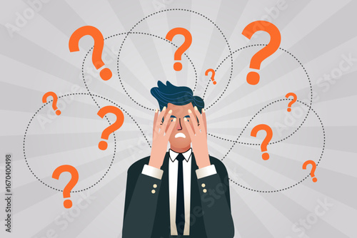 A stressed businessman holds his head in frustration, overwhelmed by a web of question marks. 