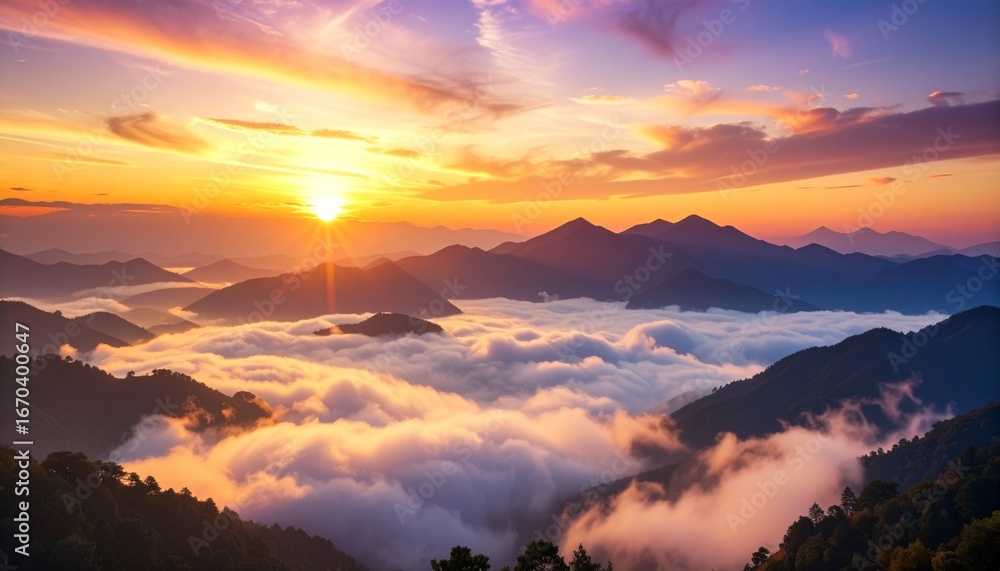 Obraz premium Layered mountains fade into the distance, with soft clouds and golden sunlight.