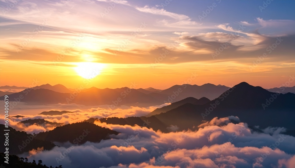 Obraz premium Layered mountains fade into the distance, with soft clouds and golden sunlight.