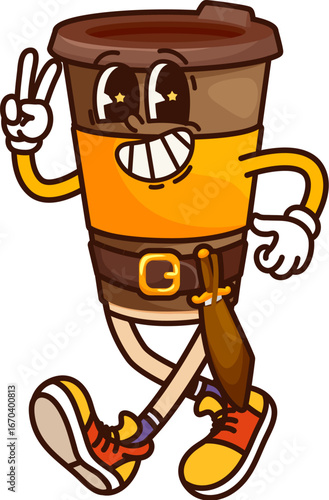 Cartoon groovy takeaway coffee cup pirate character. Vector fast food hot drink corsair menu personage. Carton mug with a dagger on the belt flashing peace sign. Funny filibuster street cafe beverage