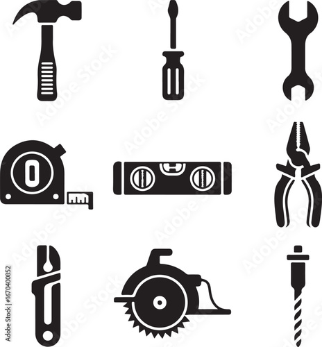 Collection of black and white construction and DIY tool icons hammer screwdriver