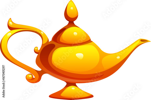 Cartoon ancient golden genie lamp, isolated vector glossy Egypt game icon asset, vintage Egyptian symbol and treasure for fantasy adventure, magic or Arabian stories, mystical artefact or relic