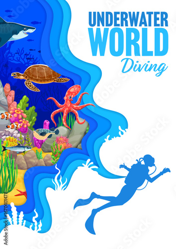 Diver silhouette at underwater landscape, paper cut banner. Ocean and sea world with fish, shark, coral reefs, and various marine creatures, providing breathtaking and immersive experience for diving