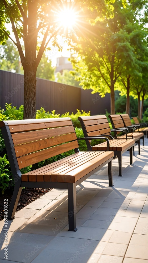 Obraz premium Sunny park benches under trees (1)