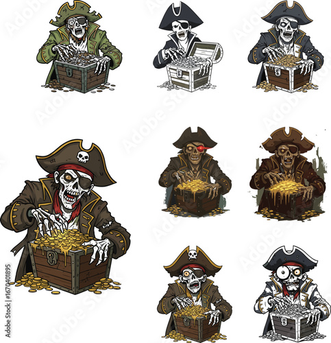 Skeleton pirate guarding treasure chest cartoon, spooky undead buccaneer illustration, Halloween horror theme, fantasy pirate zombie artwork