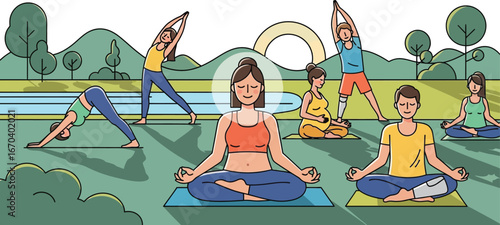 Diverse group enjoying outdoor yoga session for wellness and mindfulness