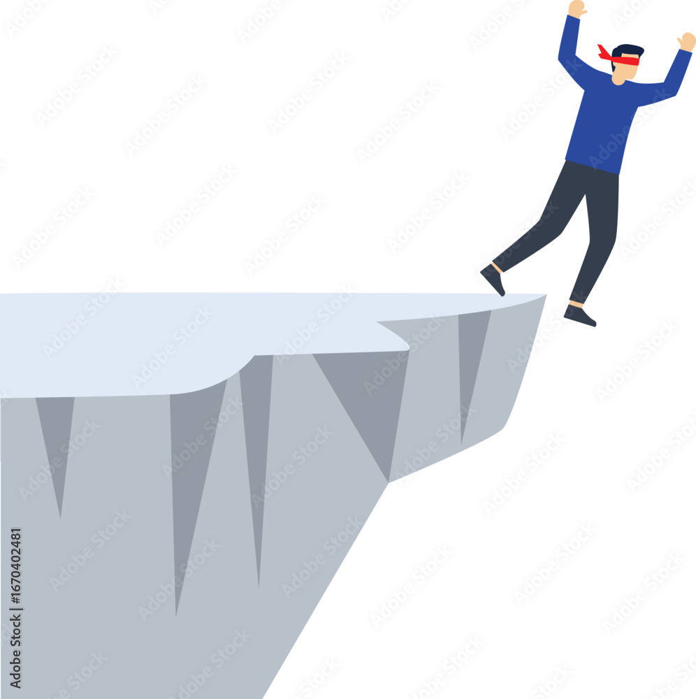 Obraz premium Blindness and crisis, blindfolded businessman walks to the cliff