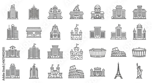 Iconic architectural landmarks and buildings line art collection for city guides, travel brochures, and urban planning projects, originally a scalable vector graphic
