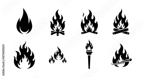 Ignite Creativity with Campfire Flames and Torch Light Graphics Collection, Perfect for Adventure Themes and Symbolism in Your Design Projects, Vector Art Set Ready to Use
