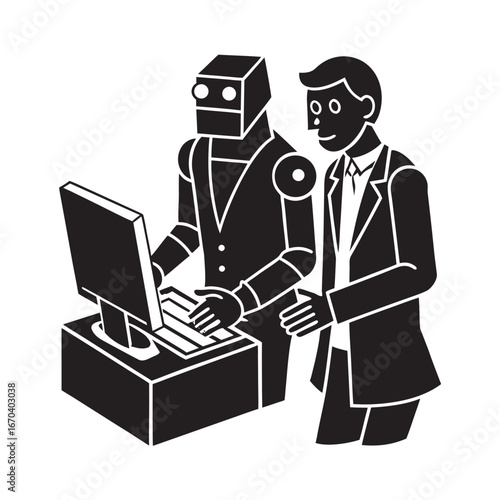 Scientist Programming Humanoid Robot Silhouette Vector