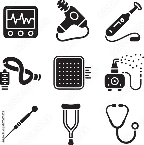 Nine black and white icons illustrating medical equipment and health-related items healthcare technology