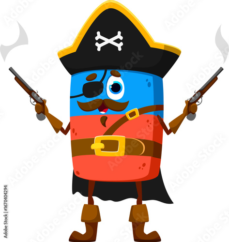 Cartoon eraser education school stationery pirate and corsair crew character with pistols. Isolated vector student tool personage in tricorn hat ready to embark on a playful adventure on the high seas