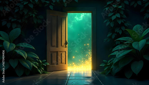 Opened wooden door to a glowing green and gold fantasy world