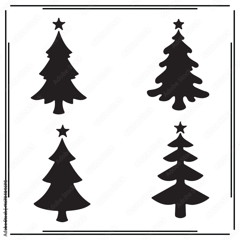 Obraz premium Christmas Tree Silhouettes Set - Four Different Christmas Tree Shapes with Star Tops in Black Vector Illustrations for Holiday, Christmas, and Winter Designs