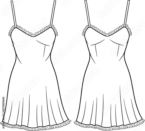 Elegant women's slip dress fashion vector with lace trim, sweetheart neckline, spaghetti straps, pleated skirt design, technical garment illustration